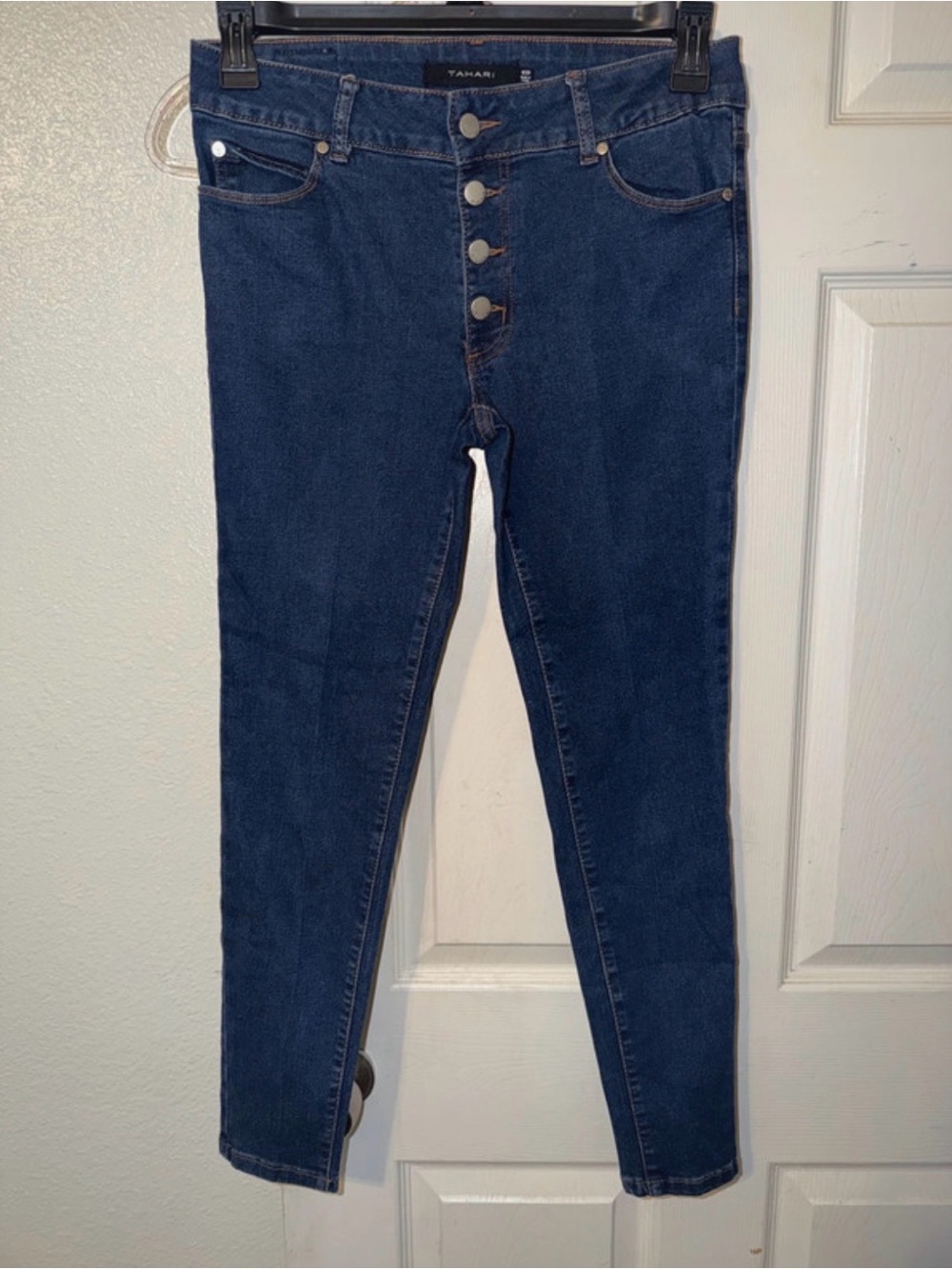Tahari Dark Blue High-Rise Button-Front Skinny Jeans